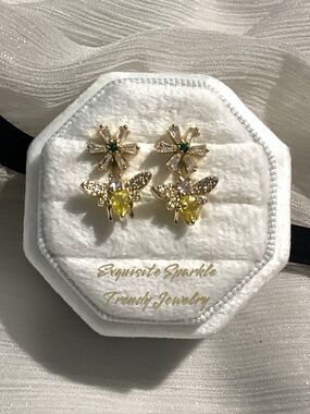 Gold Bee Drop Earrings CZ Crystal Flower Stud Yellow Stone Insect Nature Jewelry
